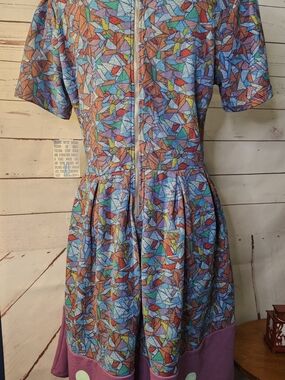 LuLaRoe Asymmetrical Multicolor Mosaic Print Dress with Purple Hem